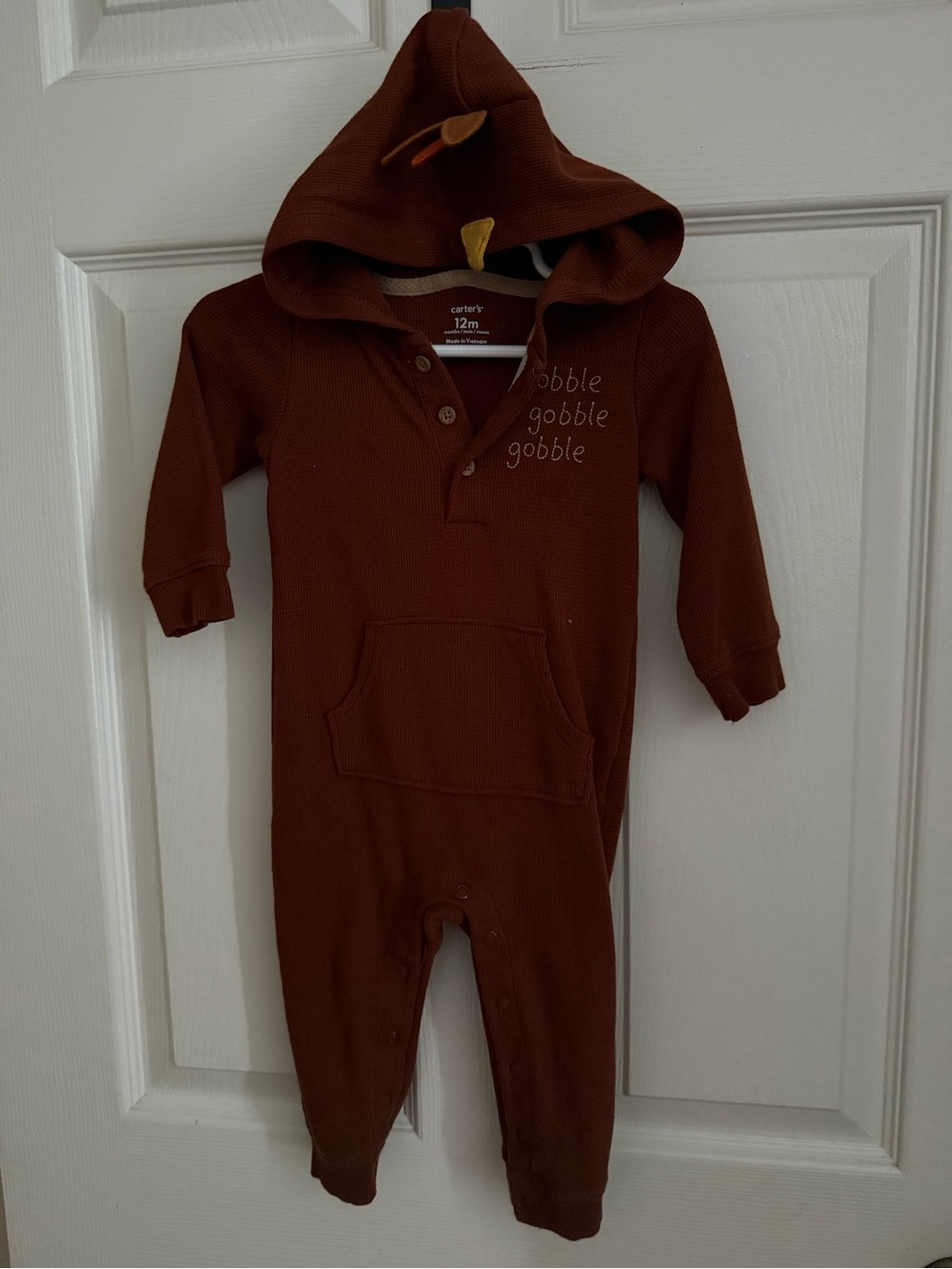 Carter's Brown Hooded One-Piece Footie with 'Gobble' Embroidery